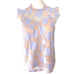 𝅺monteau Feminin Blue Floral Crochet Lace Top XS Baby Doll Cap Ruffle Sleeves